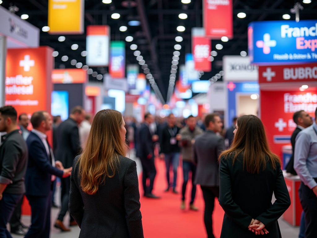 Two women in business attire stand at an exhibition hall, surrounded by attendees and colorful booth displays.