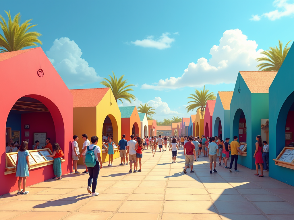 A vibrant marketplace with colorful stalls, palm trees, and crowds of people enjoying the sunny day.