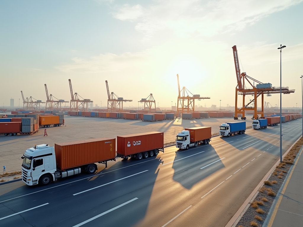 Trucks loaded with shipping containers on a road leading to a container port at sunrise. Cranes in the background.