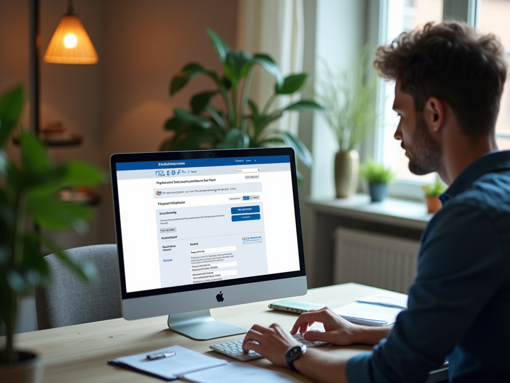 A person is using a computer at a desk, browsing a webpage with a form and plants in the background.