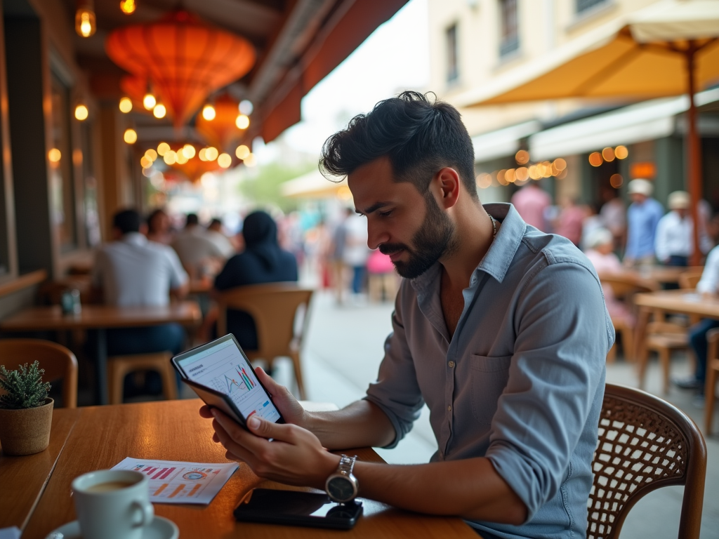 A man sits at a café, analyzing data on a tablet, surrounded by a lively outdoor atmosphere and people socializing.