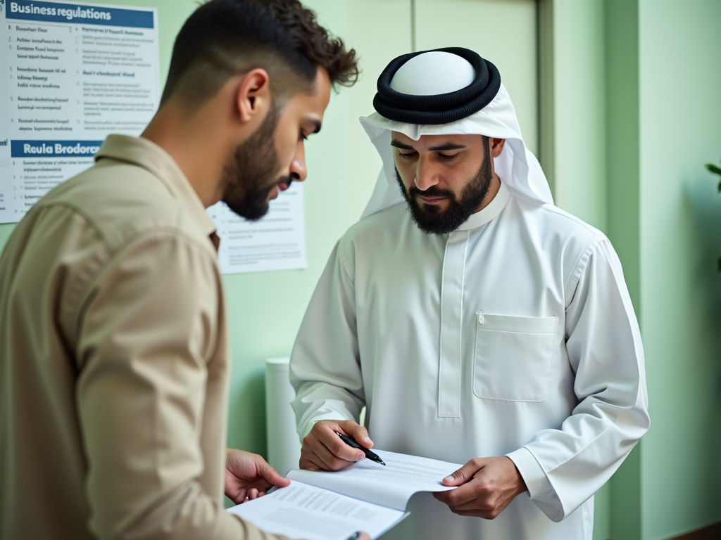 Two men engaged in discussion, reviewing documents in an office setting, with business regulations displayed on the wall.