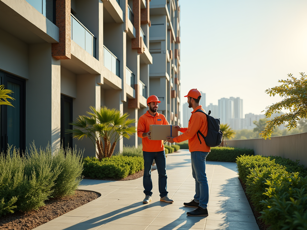 Two delivery workers in bright orange uniforms exchange a package outside a modern apartment building.