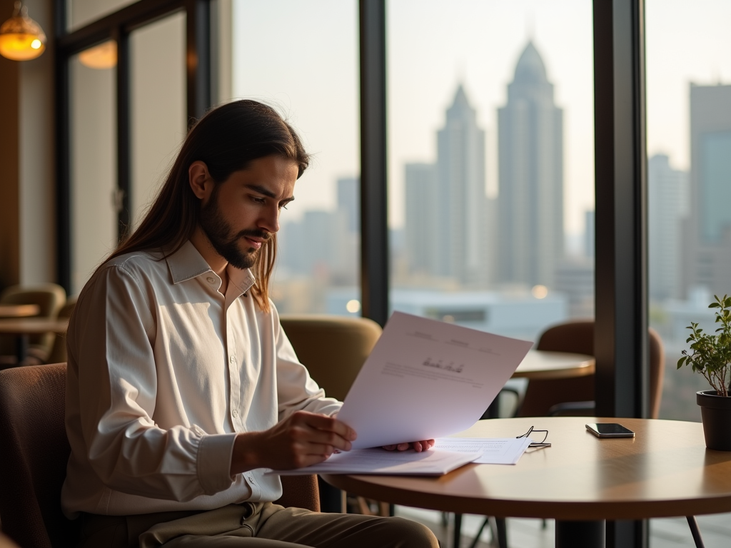 A young man sits at a table in a café, reviewing documents with a city skyline in the background.