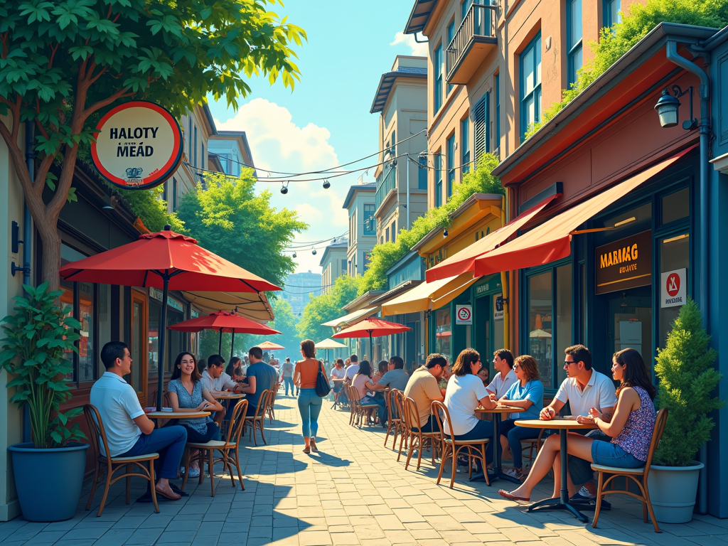 A sunny street scene with outdoor cafes, patrons enjoying drinks under red umbrellas, and lush greenery nearby.