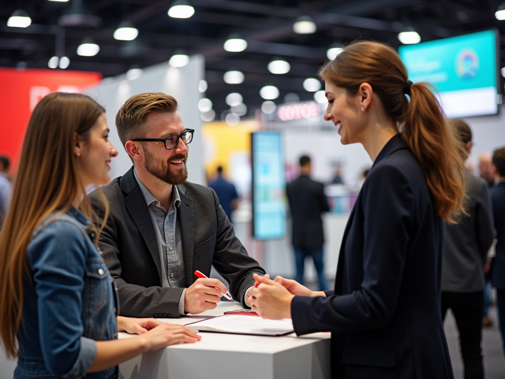 Three professionals engage in a discussion at a networking event, sharing ideas around a table.