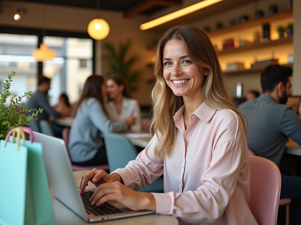 A smiling woman in a pink shirt works on a laptop in a cozy café, chatting with others in the background.