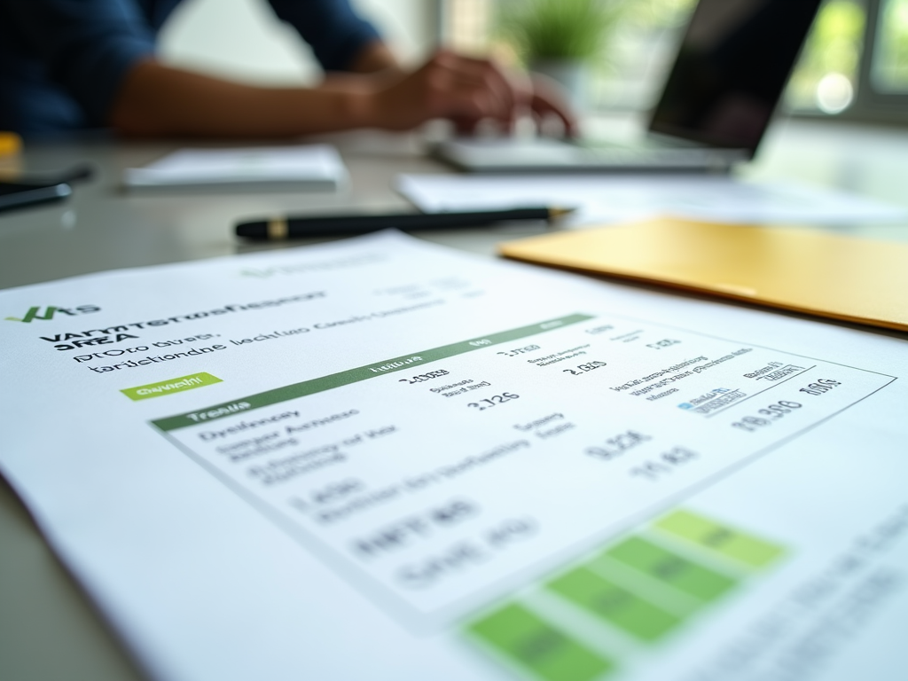 A close-up of a report on a desk, with a laptop and hands in the background, showing data and analysis.