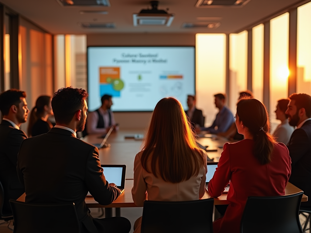 A team meeting in a conference room during sunset, with a presentation visible on a screen.