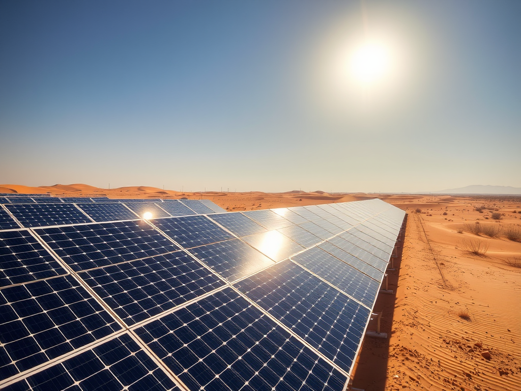 A row of solar panels in a desert landscape under a bright sun, with sand dunes in the background.