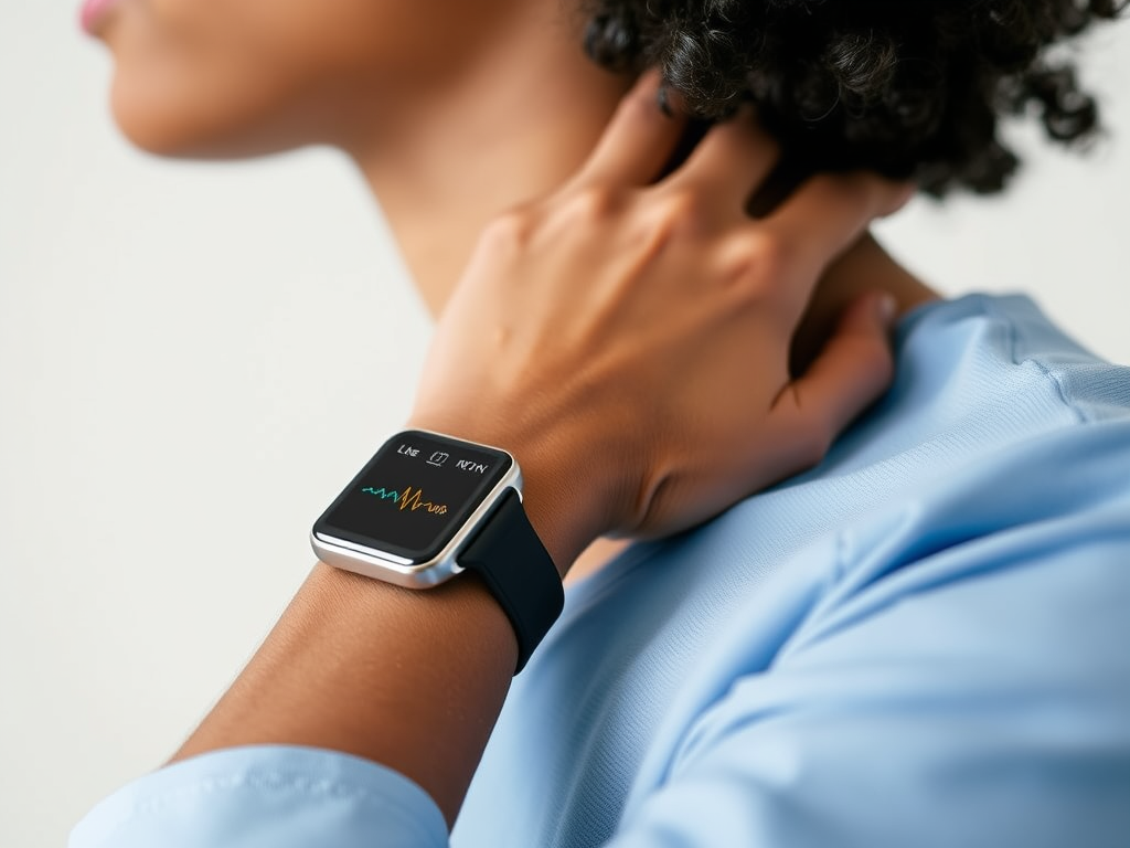 A close-up of a hand wearing a smartwatch displaying heart rate data against a light background.