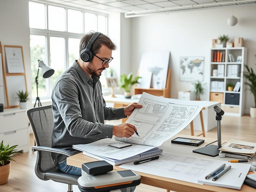 A man with headphones reviews blueprints at a desk in a bright, modern office filled with plants and stationery.