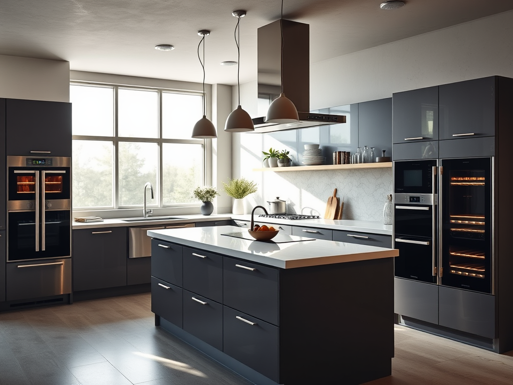 Modern kitchen featuring sleek gray cabinets, a large island with a white countertop, and ample natural light.