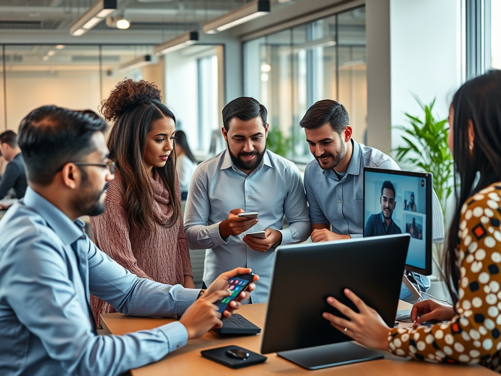 A group of five professionals collaborating over a laptop and video call in a modern office setting.