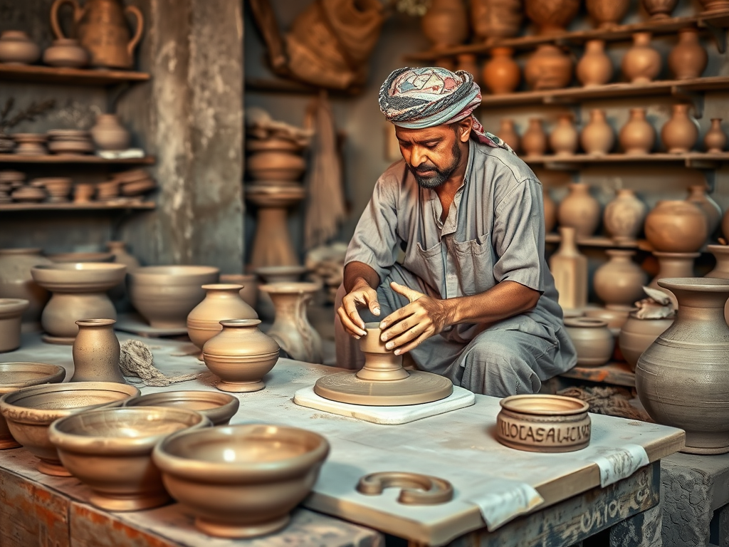 A potter skillfully shapes clay on a wheel, surrounded by various handcrafted pottery in a traditional workshop.