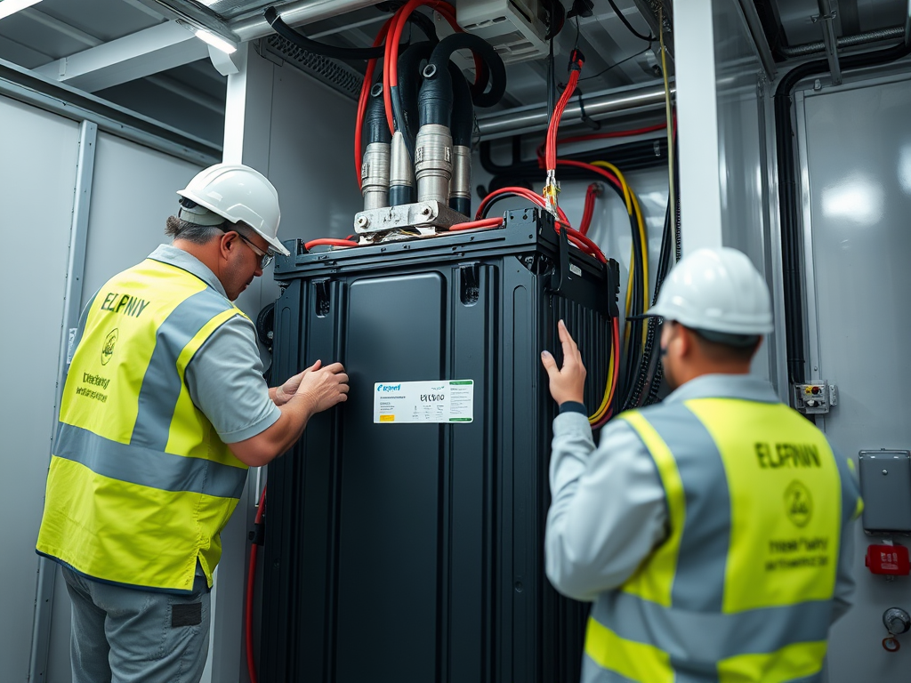 Two workers in safety gear are inspecting a large black cabinet with cables and equipment in a storage facility.