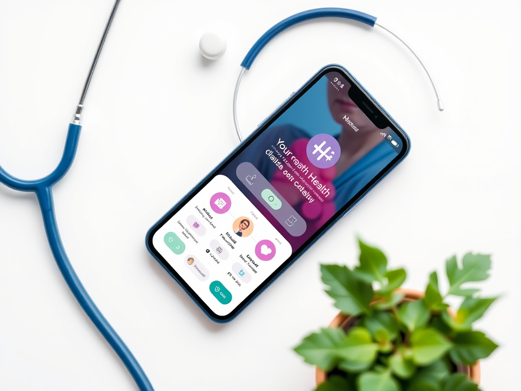 A smartphone displaying a health app interface next to a stethoscope and a potted plant on a white surface.