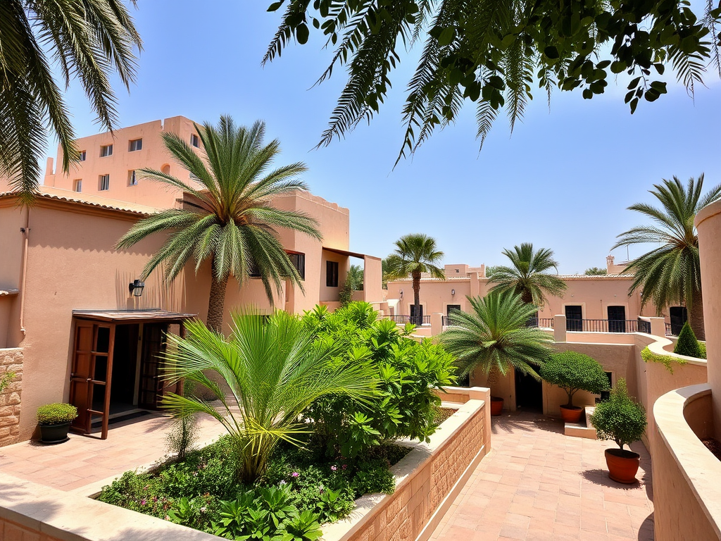 A sunny courtyard with palm trees, lush greenery, and peach-colored buildings under a clear blue sky.