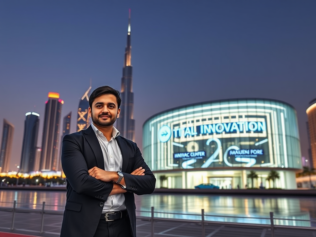 A confident man in a suit stands with arms crossed in front of a modern building and skyline at dusk.